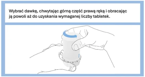 Right hand holding the upper part of the dispenser and slowly rotating it to set the appropriate medication dose on the scale located on the lower part of the housing