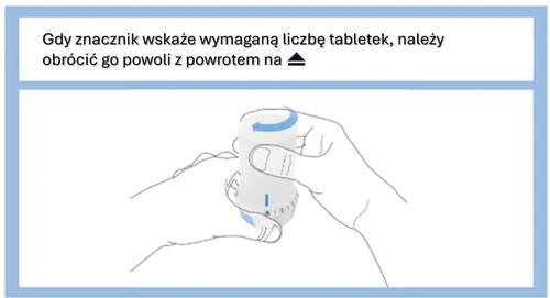 Two hands holding a white container with a blue scale and arrow, slowly rotating it to set the correct number of tablets