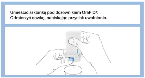 Two hands holding the OraFID medication dispenser directly above a glass, positioning it to dispense a dose by pressing the release button