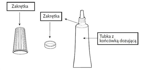 Ilustración esquemática en blanco y negro que muestra un tubo con una boquilla dosificadora y dos tapas que indican los distintos elementos del envase del medicamento