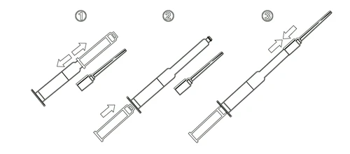 Three-step assembly instruction diagram for a syringe: disassembly, screwing the needle onto the barrel, and final assembly of components into a complete device