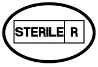 Black oval symbol containing two rectangles with black text STERILE and the letter R