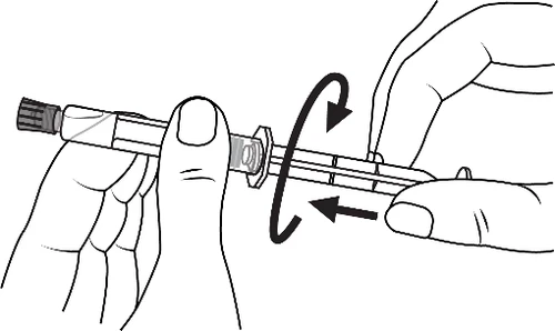Two hands holding a syringe, one hand stabilizing the device while the other performs a rotational movement indicated by black arrows