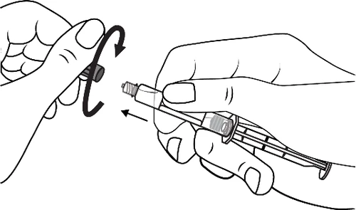 Two hands attaching a needle to a syringe by rotating it clockwise, as indicated by directional black arrows