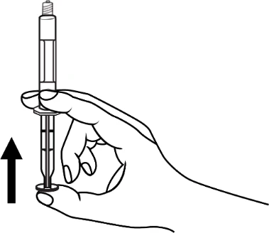 A hand holding a syringe vertically, thumb and fingers stabilizing its body, with a black arrow indicating upward movement of the plunger
