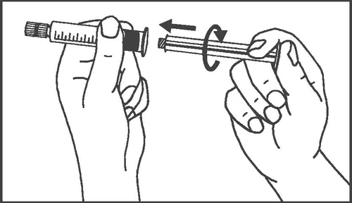 Two hands assembling syringe parts, inserting the plunger into the barrel and rotating it clockwise to securely tighten the mechanism