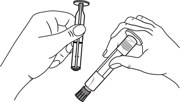 Two hands holding syringes, one vertically and the other at an angle, preparing to connect or administer medication in a linear arrangement