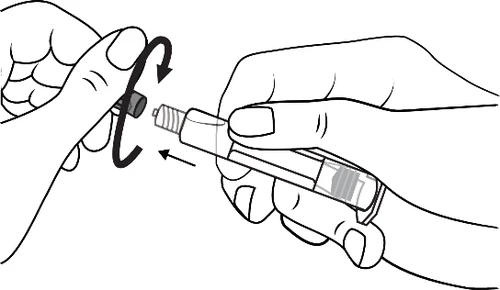 Two hands holding an injector, one hand turning the device's cap in the direction indicated by black arrows