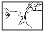 A drawing of a face in profile with open mouth, into which a stream of liquid is directed from above using a dispenser or pipette