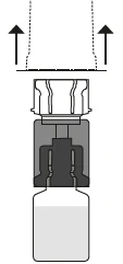 Schematic illustration showing the removal of the top part of the packaging from the vial, indicated by two upward-pointing black arrows