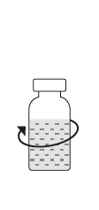 Schematic icon of a glass vial containing liquid, with a curved arrow around it suggesting rotational movement or mixing of the contents