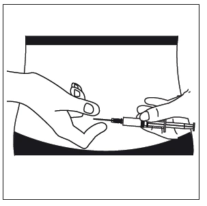 Two hands holding a syringe with a needle, preparing to administer an injection against a white background with black graphic elements