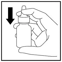 Hand holding a dropper bottle, pressing down on the top part of the dispenser, indicated by a black downward-pointing arrow