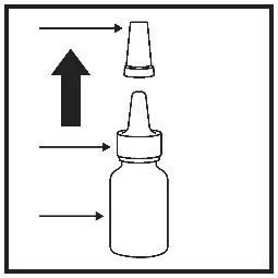 Schematic instruction for attaching the cap to the medicine bottle, shown with three upward-pointing arrows indicating the direction of motion