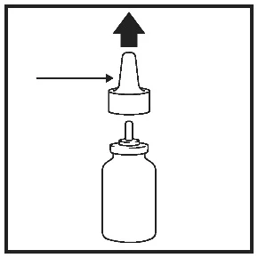 Black upward-pointing arrow and a side arrow indicating the removal of the cap from the medicine bottle