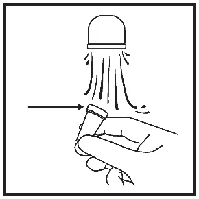 Hand holding a capsule with an applicator tip; an arrow points to the top of the capsule, from which vertical lines symbolizing substance release emerge