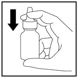 Hand holding a bottle with a dispenser, with a black downward arrow indicating the direction of movement