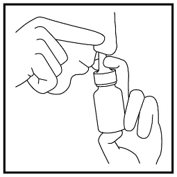 Line drawing showing hands holding a dropper bottle and tilting the nose for nasal medication administration