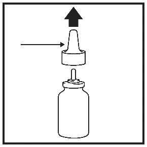 A black upward arrow above the bottle cap and a side arrow pointing to the top of the packaging, suggesting removal of the cap
