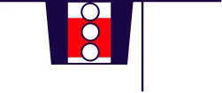 Graficzny symbol przedstawiający pionowy czerwony prostokąt z trzema białymi okręgami ułożonymi jeden pod drugim w ciemnoniebieskiej ramce