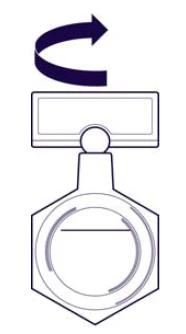 Schematic icon showing a round container with a cap and stopper, above which a dark blue arrow indicates rotational movement