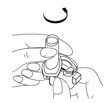 Hands holding an inhaler, one hand stabilizing the device while the other uses fingers to adjust the dosing mechanism knob or button