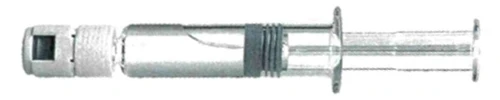A transparent syringe with a visible plunger and a dark sealing ring, placed horizontally on a white background
