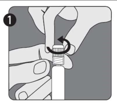 Hands holding a medication vial, one hand unscrewing the cap counterclockwise, as indicated by an arrow