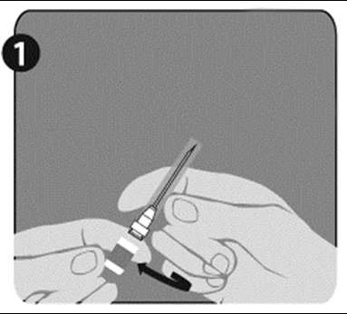 Hands holding a syringe with a needle, preparing it for use, with a black arrow indicating downward movement on a gray background