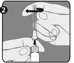 Hands holding a syringe with a needle to be screwed into the vial cap, illustrated by a black downward arrow and a rotational arrow