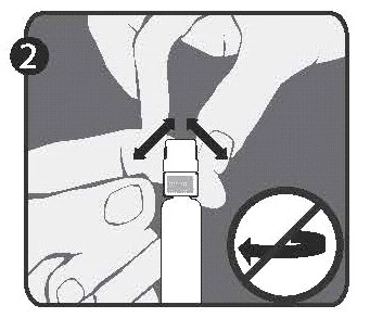 Hands holding a white medication pen, arrows indicate downward movements, and a crossed-out arrow prohibits rotating the device