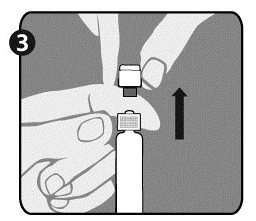Hands placing a plastic cap onto a glass vial, a black arrow indicating upward movement with the number three in a circle