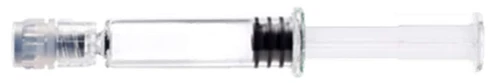 A transparent syringe with a visible black plunger and liquid inside, placed horizontally on a white background
