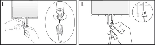 Dos instrucciones paso a paso que muestran las manos ensamblando la boquilla del dispositivo y conectando los elementos del tubo mediante conexiones giratorias