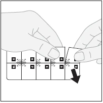 Two hands peeling open the outer layer of a paper package containing a row of small square ampoules, indicated by a black downward-pointing arrow