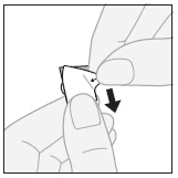 Two hands holding and bending a portion of the packaging or product downward, indicating the direction of movement shown by a black arrow