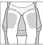 Figura schematica di una persona vista da dietro con due aree grigie evidenziate sui glutei e un'area centrale posizionata nel tratto inferiore della colonna vertebrale