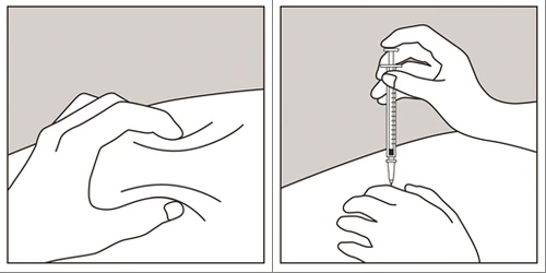 Two hands pinching the skin to prepare the injection site and a hand holding a syringe vertically above the skin prior to drug administration
