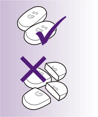 Two whole white tablets with the marking GS indicated by a purple checkmark, and tablets broken into pieces with a purple cross mark