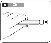 Drawing showing a hand holding a medical pad incorrectly, with the word 'Wrong' on a dark strip at the top