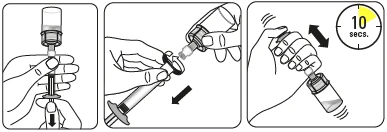 Three schematics showing medication withdrawal: inserting needle into vial, pulling plunger down, and vigorously shaking syringe for 10 seconds