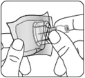Hands holding an open sachet container with a plastic cap and tear-off tab for removing medication contents