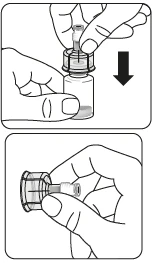 Dos manos sostienen un frasco de medicamento, una presiona el émbolo hacia abajo y la otra mano sujeta la tapa desenroscada con la parte de goma en la parte inferior del dibujo