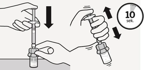 Illustration showing two hands inserting a syringe needle into a vial and another hand moving the syringe up and down for 10 seconds