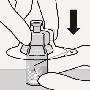 Hands holding a medication vial, fingers pressing down on the top of the container, with a black downward arrow indicating the direction of movement