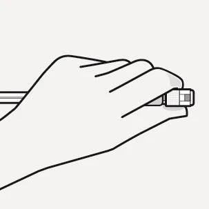 A black outline depicts a hand holding horizontally a white object resembling a plug or the tip of a medical device