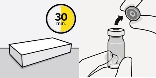 Manos sosteniendo un vial de medicamento y su tapa, junto a un reloj que indica 30 minutos y una caja blanca de medicamento sobre fondo gris