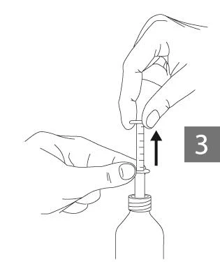 Two hands holding a syringe, one hand pressing the plunger upward, indicated by an arrow next to a large number 3 adjacent to a medication bottle