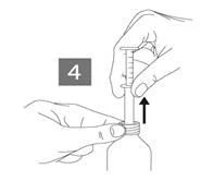 A hand holding a vial and another hand inserting the syringe plunger into the container to draw medication, with the number 4 visible on a gray background
