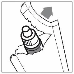 Dibujo esquemático que muestra la separación de la parte superior del envase, con una flecha visible que indica la dirección de apertura y la punta del producto sobresaliendo